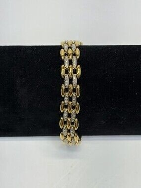 Ross-Simons 925 Sterling Silver Gold Vermeil Pave Link Bracelet 7.5"